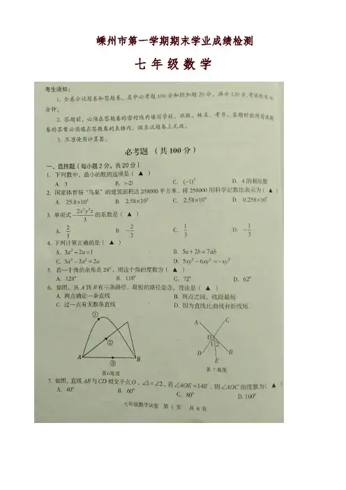 2019年嵊州市七年级上册期末数学试题有答案(图片版)-优质版