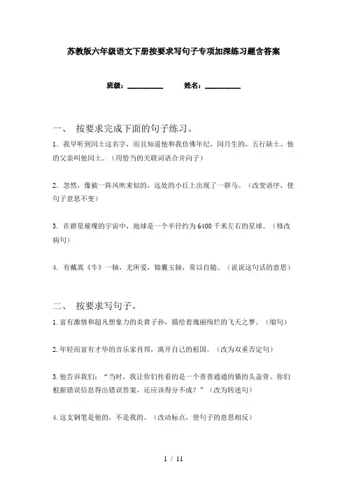 苏教版六年级语文下册按要求写句子专项加深练习题含答案