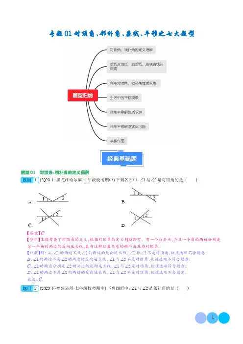 对顶角、邻补角、垂线、平移之七大题型(解析版)--2024年七年级数学下学期期中真题分类(人教版)