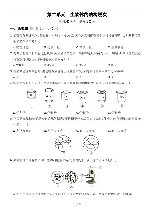 2020～2021学年人教版七年级生物上册单元综合检测卷  第二单元  生物体的结构层次
