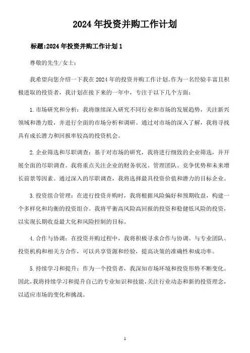 2024年投资并购工作计划