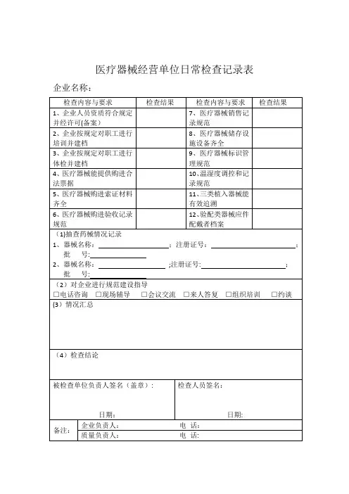 医疗器械经营单位日常检查记录表