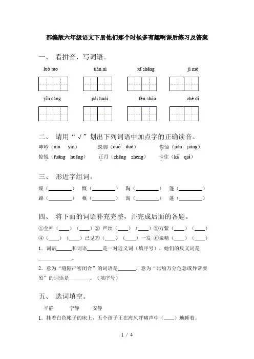 部编版六年级语文下册他们那个时候多有趣啊课后练习及答案