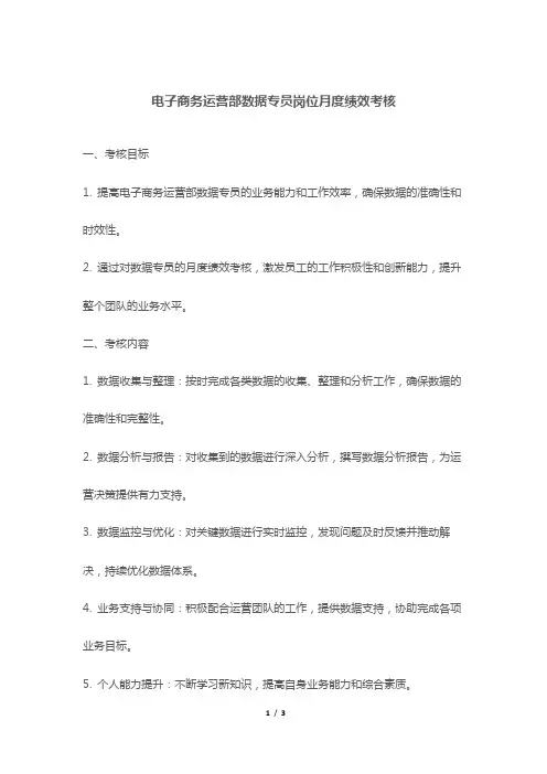 电子商务运营部数据专员岗位月度绩效考核