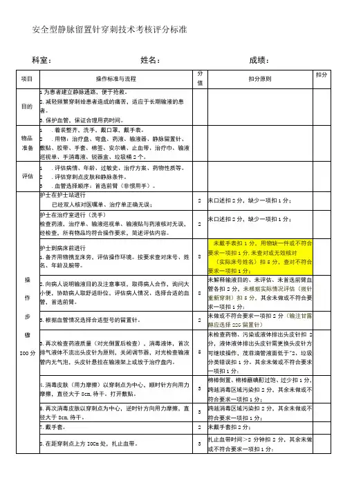 安全型静脉留置针穿刺技术考核评分标准