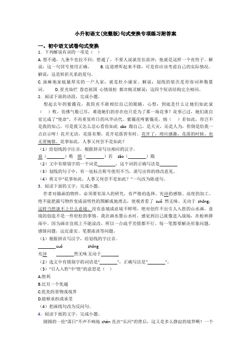 小升初语文(完整版)句式变换专项练习附答案
