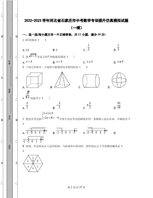 2022-2023学年河北省石家庄市中考数学专项提升仿真模拟试题(一模二模)含解析