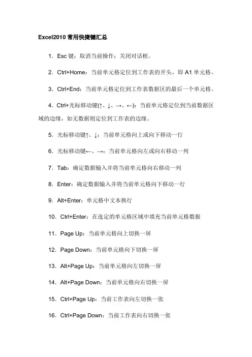 Excel2010常用快捷键汇总