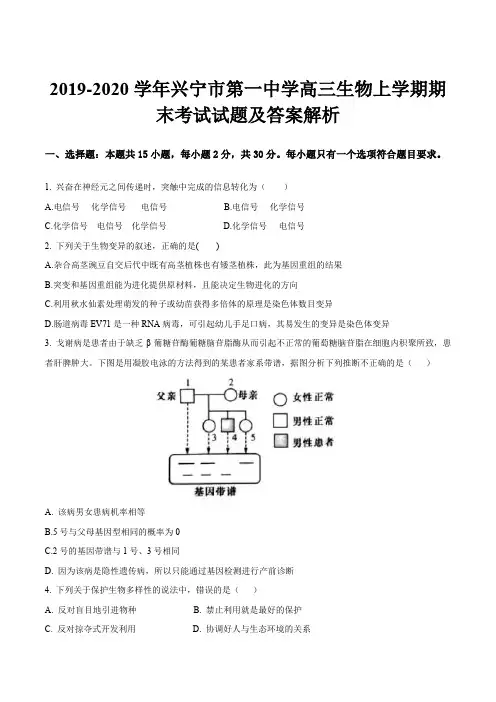 2019-2020学年兴宁市第一中学高三生物上学期期末考试试题及答案解析