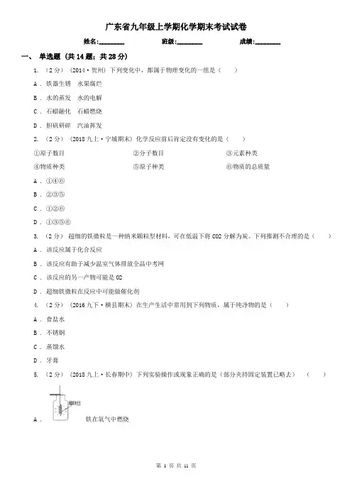 广东省九年级上学期化学期末考试试卷