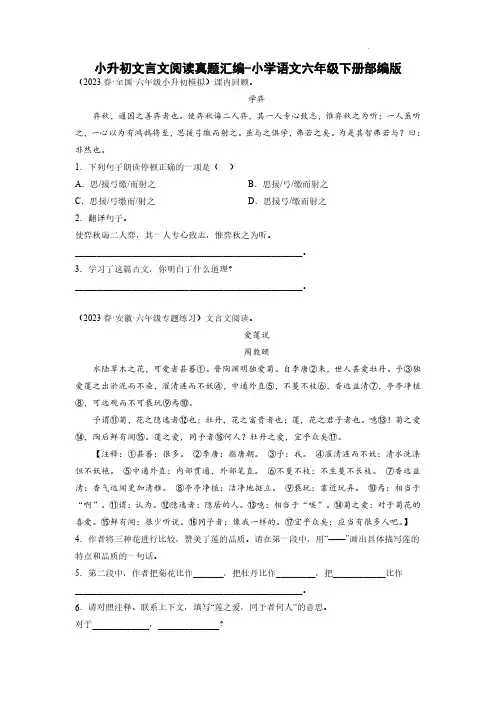 小升初文言文阅读真题汇编-2022-2023学年语文六年级下册(部编版)