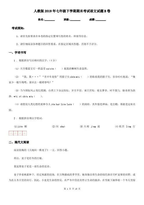 人教版2019年七年级下学期期末考试语文试题B卷(模拟)