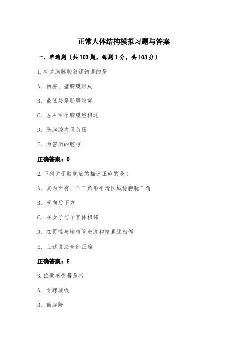 正常人体结构模拟习题与答案