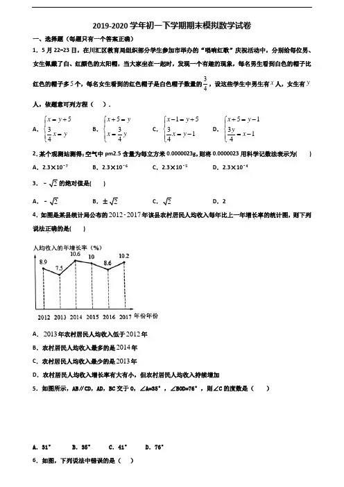 2019-2020学年安徽省铜陵市初一下学期期末数学复习检测试题