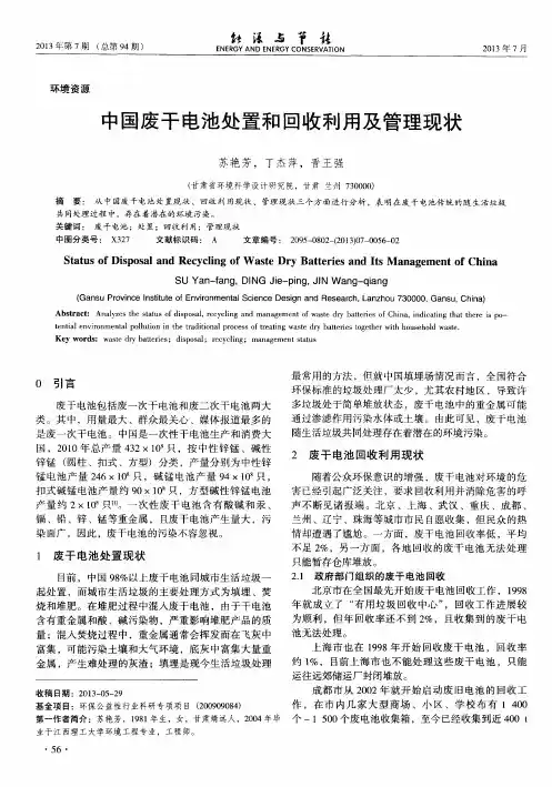 中国废干电池处置和回收利用及管理现状