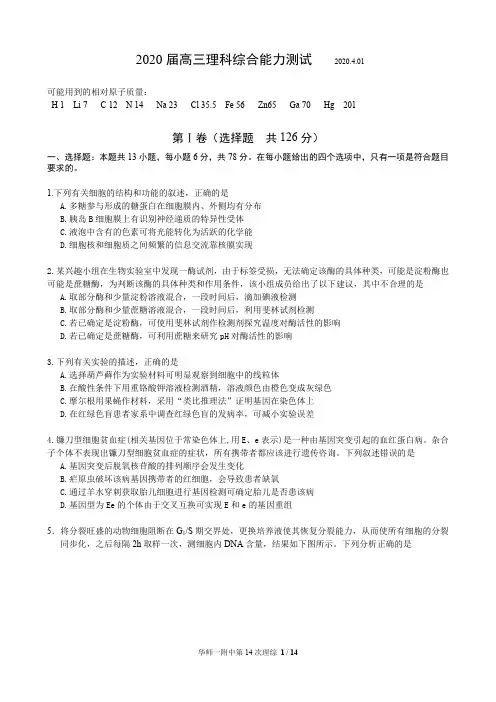 2020华师一附中高考模拟卷理综试卷(附答案)