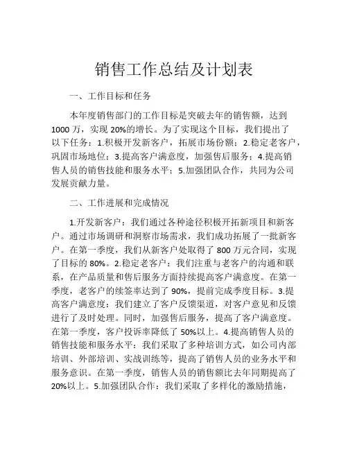 销售工作总结及计划表