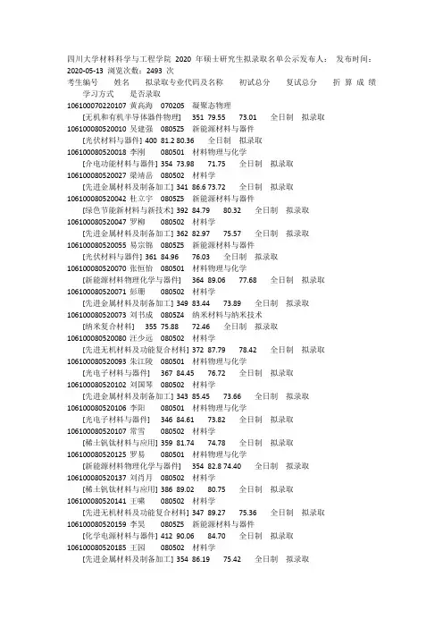 材料科学工程录取名单