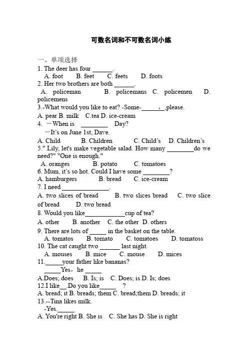 可数名词和不可数名词小练 2022-2023学年人教版英语七年级上册含部分答案