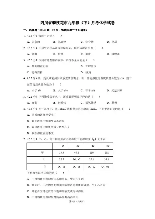 四川省攀枝花市九年级(下)月考化学试卷