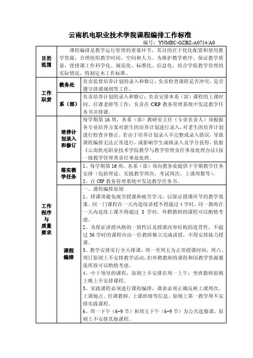 云南机电职业技术学院课程编排工作标准