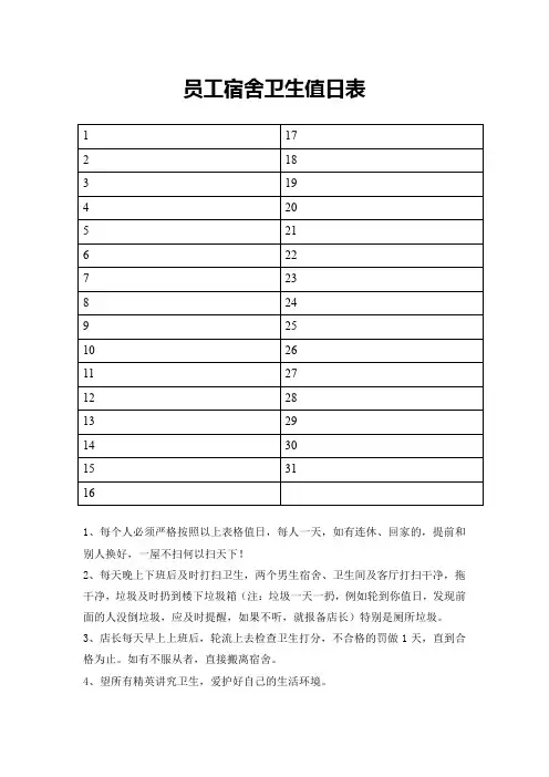 员工宿舍卫生值日表