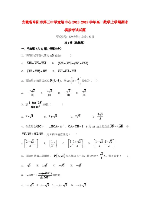 安徽省阜阳市第三中学竞培中心2018-2019学年高一数学上学期期末模拟考试试题
