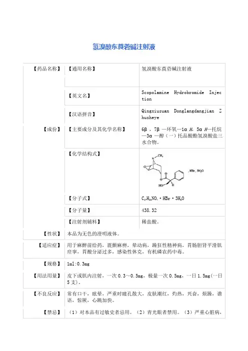 氢溴酸东莨菪碱注射液 说明书