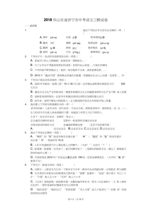 2018年山东省济宁市中考语文三模试卷(含解析)