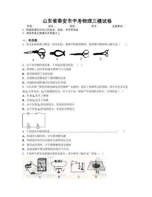 最新山东省泰安市中考物理三模试卷及解析