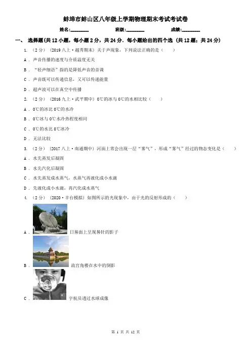 蚌埠市蚌山区八年级上学期物理期末考试考试卷