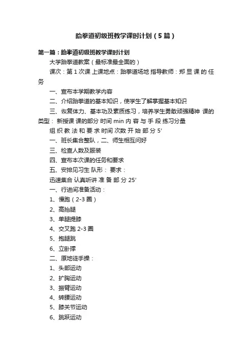 跆拳道初级班教学课时计划（5篇）