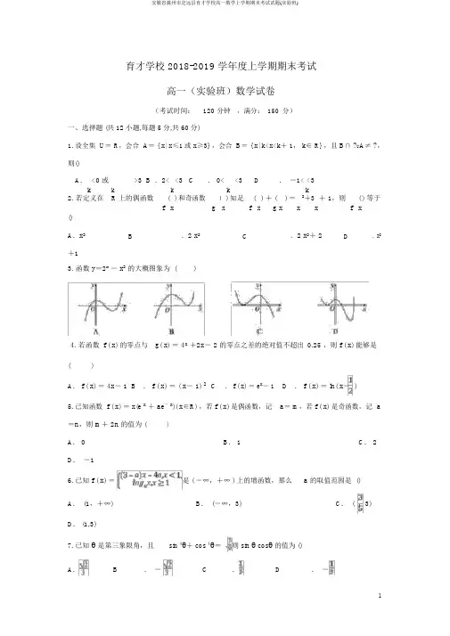 安徽省滁州市定远县育才学校高一数学上学期期末考试试题(实验班)