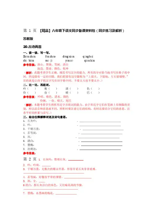 20古诗两首同步练习及解析 苏教版六年级语文下册