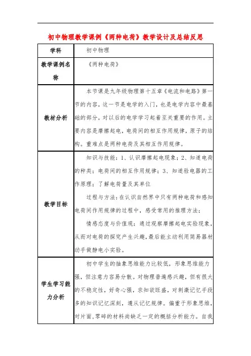 初中物理教学课例《两种电荷》教学设计及总结反思