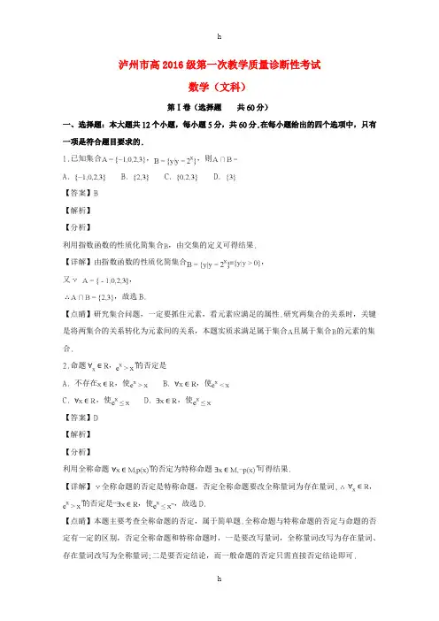 四川省泸州市2019届高三数学上学期第一次教学质量诊断性考试试题 文(含解析)