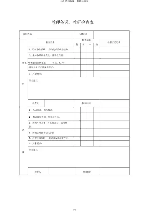 幼儿教师备课、教研检查表