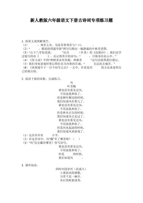 新人教版六年级语文下册古诗词专项练习题