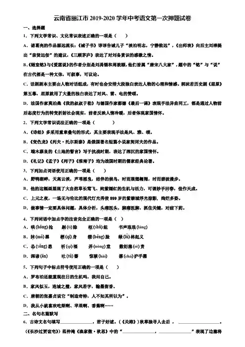 云南省丽江市2019-2020学年中考语文第一次押题试卷含解析