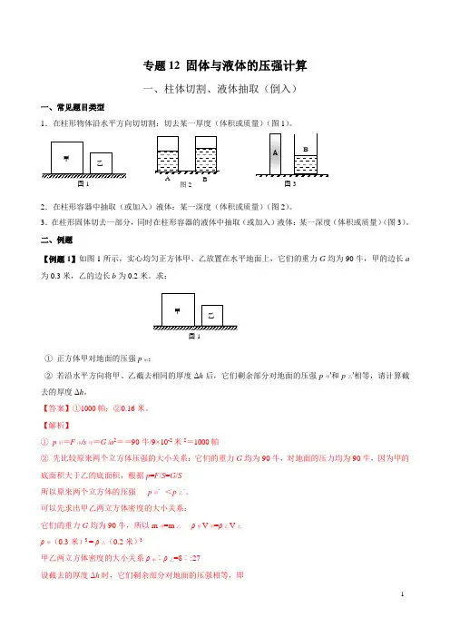 上海市2020年中考复习资料汇编 专题12 压强计算题