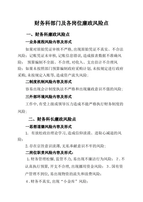 财务科部门及各岗位廉政风险点
