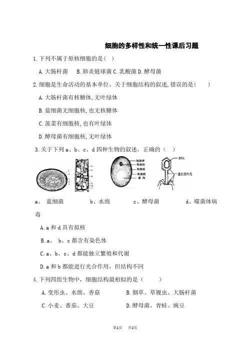 人教版高中生物必修第1册 细胞的多样性和统一性课后习题