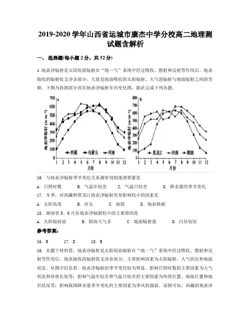 2019-2020学年山西省运城市康杰中学分校高二地理测试题含解析
