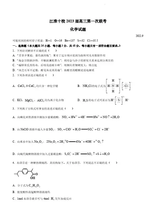 化学丨安徽省江淮十校2023届高三第一次联考化学试卷及答案