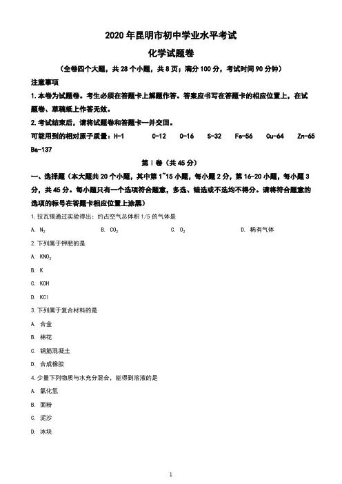 云南省昆明市2020年中考化学试题(含答案与解析)