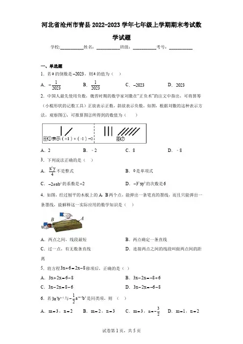 河北省沧州市青县2022-2023学年七年级上学期期末考试数学试题