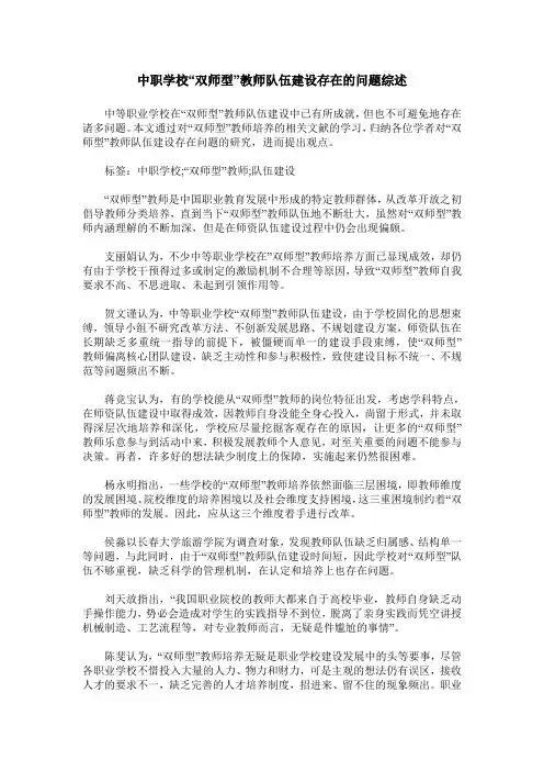 中职学校“双师型”教师队伍建设存在的问题综述