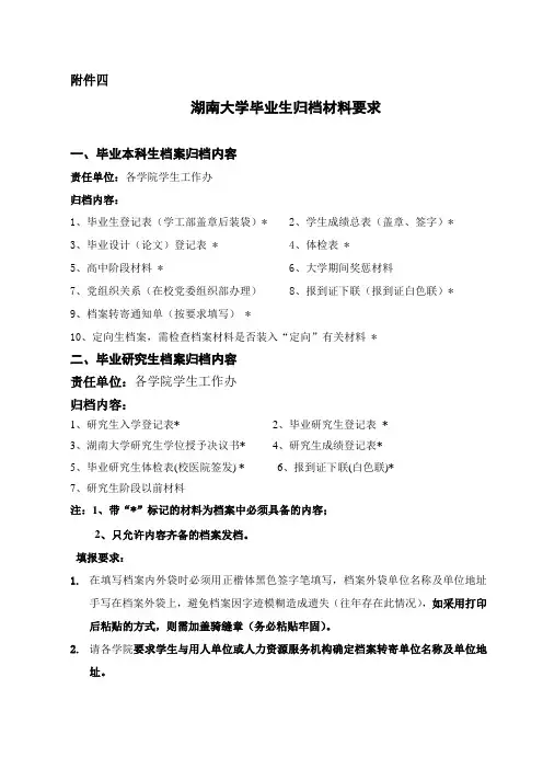 湖南大学毕业本科生档案归档材料明细