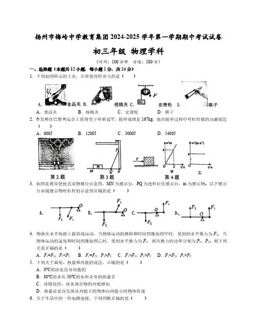 江苏省扬州市梅岭集团2024-2025学年九年级上学期11月期中物理试题(含答案)