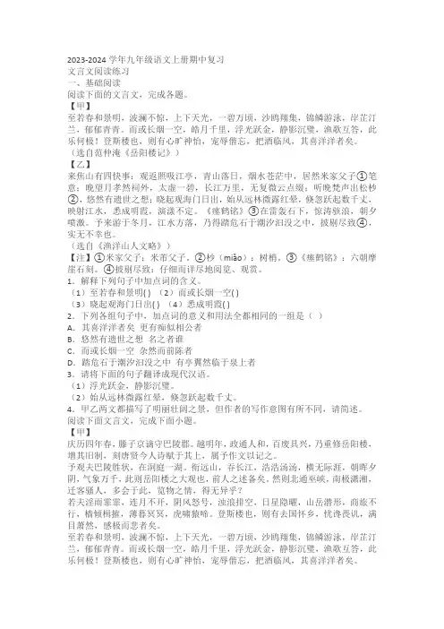 2023-2024学年九年级语文上册期中复习——文言文阅读练习(含答案)
